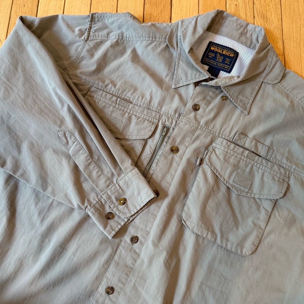Woolrich Button Up Long Sleeve Fishing Mens 2X Made In USA Vented Field Stone